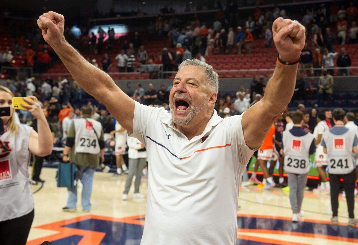 Auburn Tigers head coach Bruce Pearl celebrates victory as Auburn Tigers take on Ole Miss Rebels at Neville Arena in Auburn, Ala., on Wednesday, Feb. 26, 2025.