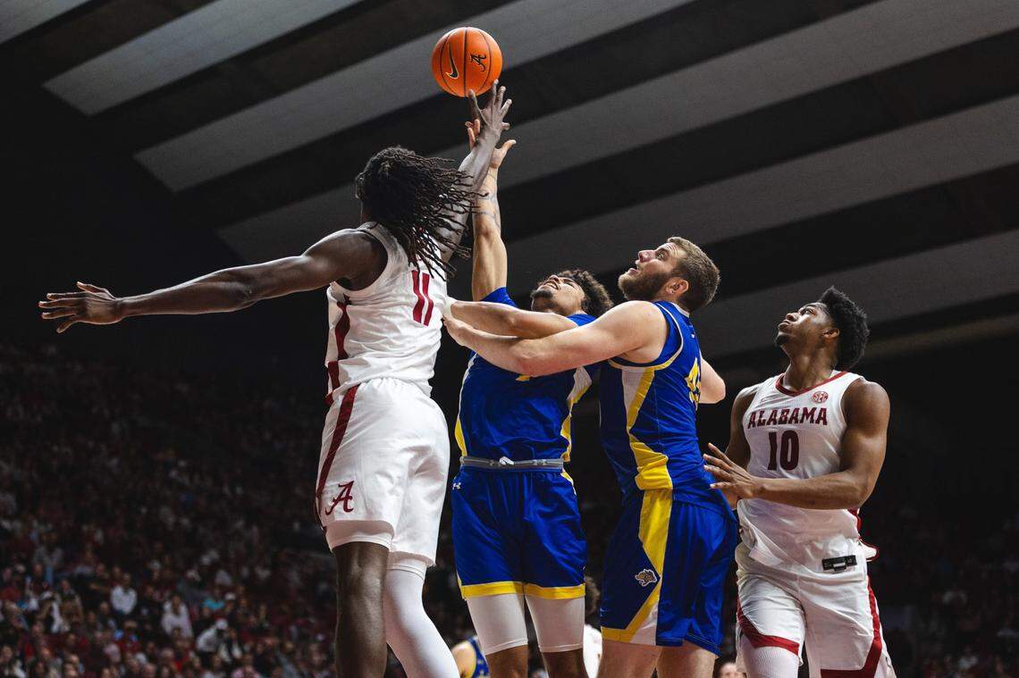 A super-senior who played the four previous seasons for Rutgers, Alabama center Clifford Omoruyi (11) has blocked 239 shots in his college career to date.