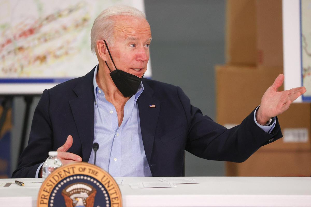 President Joe Biden attends a media briefing about tornado damage in Mayfield, Ky., on Wednesday, Dec. 15, 2021.