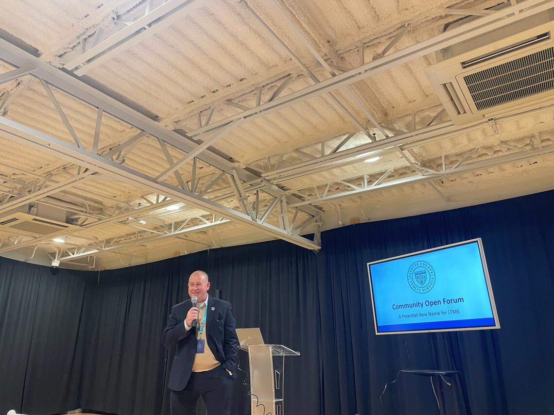 Lexington Traditional Magnet Middle School Principal Bryne Jacobs speaks at a forum about renaming the school.