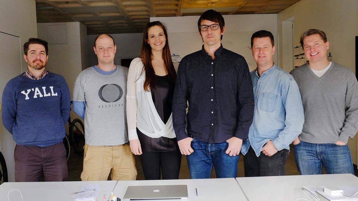 The MakeTime staff in Lexington at their startup office at The Square. From left: Rick Spencer, Dima Strakovsky,  Kasey Hall, founder and CEO Drura Parrish, Steve Adams and Brian Brooks. "Firms aren't driving innovation anymore; people are," said Parrish.       