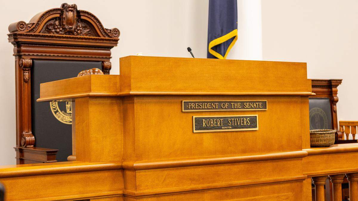 Senate President Robert Stivers (R-Manchester) desk in The Kentucky General Assembly's temporary Senate chambers constructed near the Capitol Annex due to Capitol renovations on January 9, 2026, in Frankfort, Ky.
 