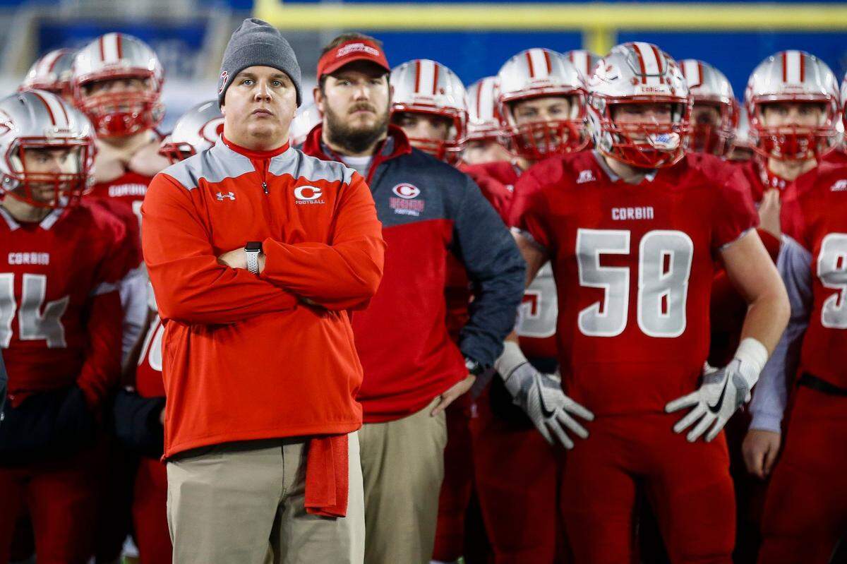 Former Corbin head coach Justin Haddix, left, led the Redhounds to state finals in 2017 and 2018, but was unable to capture the crown. Now, he’s the head coach of Boyle County and has a chance Friday to lead the Rebels to the program’s ninth championship.