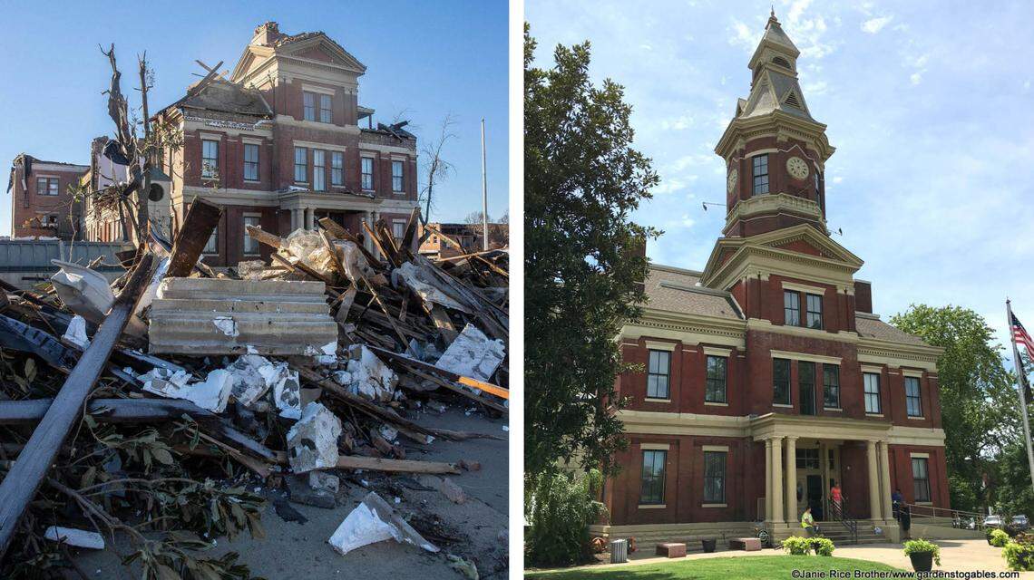 The Graves County Courthouse, picture taken left Monday, Dec. 13, 2021 after deadly tornadoes swept through Mayfield and on the right in July 2018.