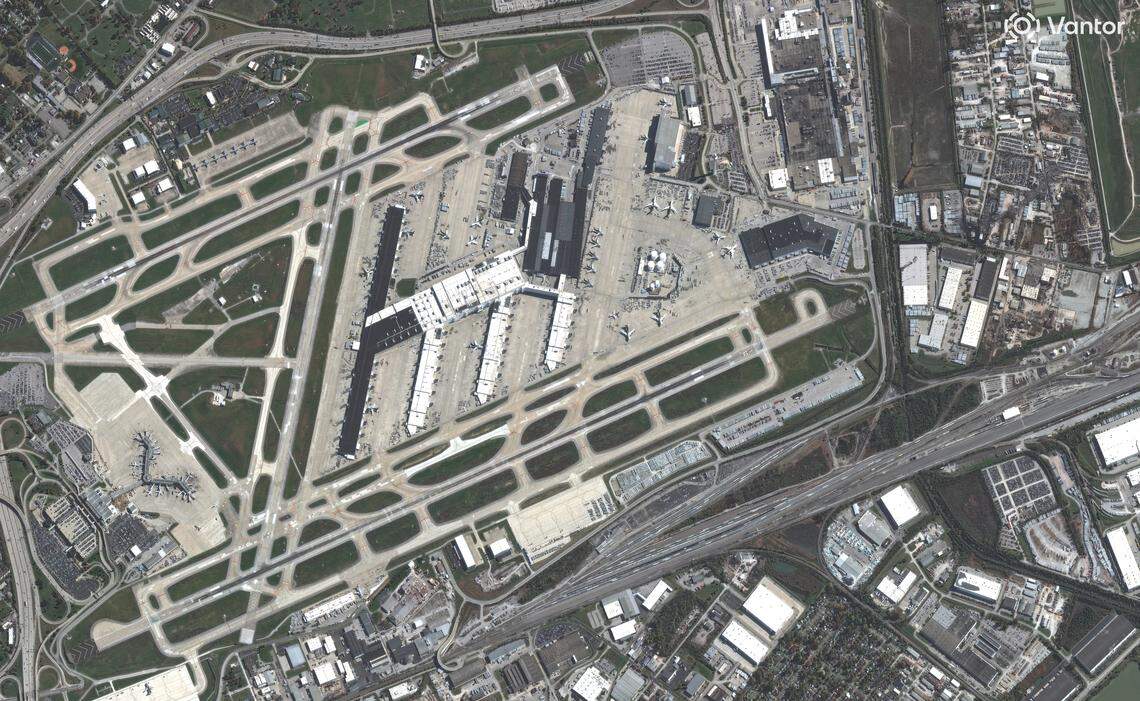 A satellite image of the Louisville Muhammad Ali International Airport after a UPS plane crashed on Nov. 4, 2025.