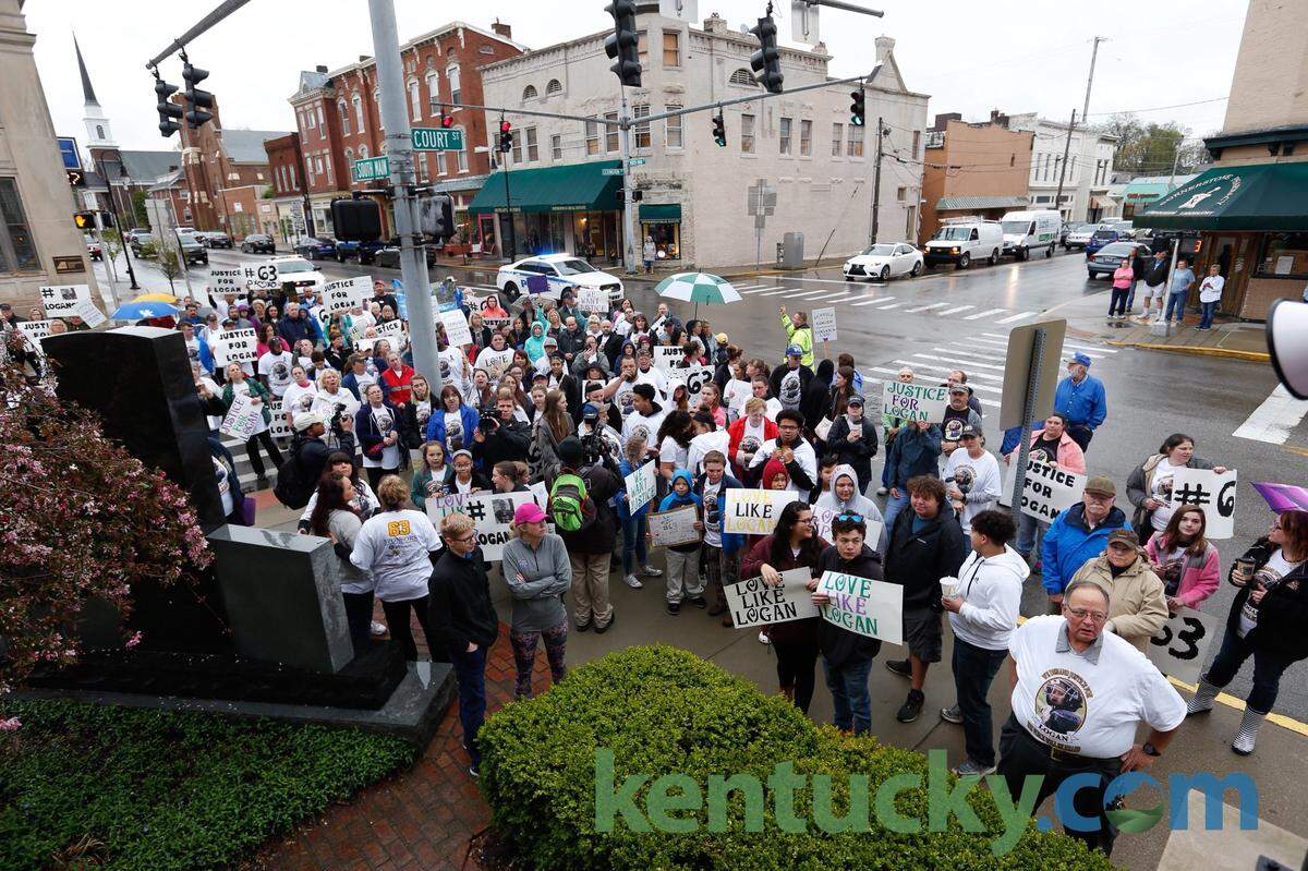 Members of the Logan Tipton family and supporters marched down Main Street in Versailles prior to the sentencing of Ronald Exantus, who was found not guilty by reason of insanity in the 2015 death of Logan. He was found guilty of assaulting Logan’s family members.