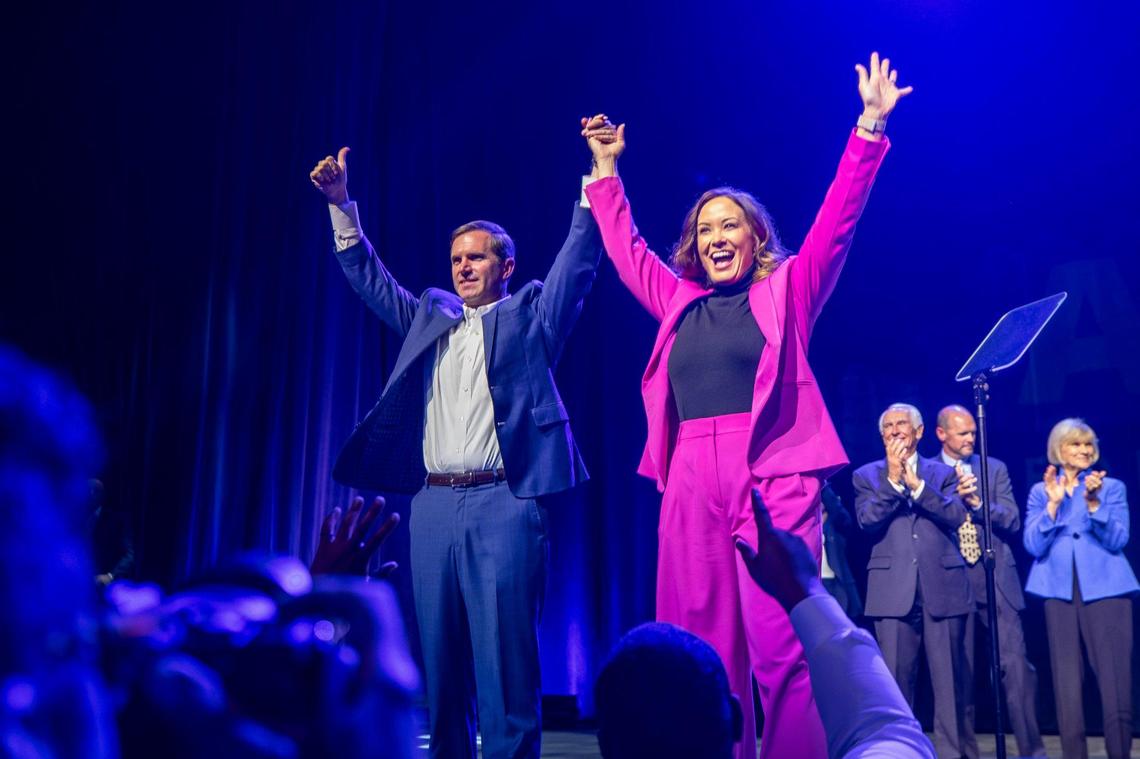 Kentucky Gov. Andy Beshear and Lt. Gov. Jacqueline Coleman celebrate with supporters at an election night watch party at Old Forester’s Paristown Hall in Louisville, Ky., after it was announced he won re-election on Tuesday, Nov. 7, 2023.