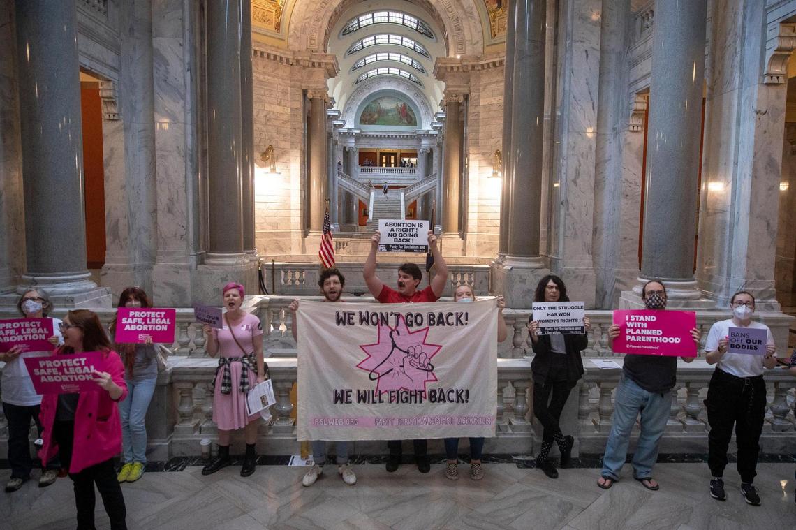 Protesters gather at the Kentucky state Capitol in Frankfort, Ky., on Wednesday, April 13, 2022. Protesters chanted “Bans off our bodies” as members of the House of Representatives voted to override Kentucky Gov. Andy Beshear’s veto of a sweepingly restrictive abortion bill, HB3.