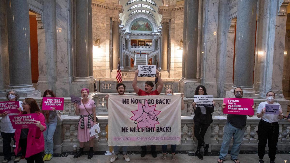 Protesters gather at the Kentucky state Capitol in Frankfort, Ky., on Wednesday, April 13, 2022. Protesters chanted “Bans off our bodies” as members of the House of Representatives voted to override Kentucky Gov. Andy Beshear’s veto of a sweepingly restrictive abortion bill, HB3.