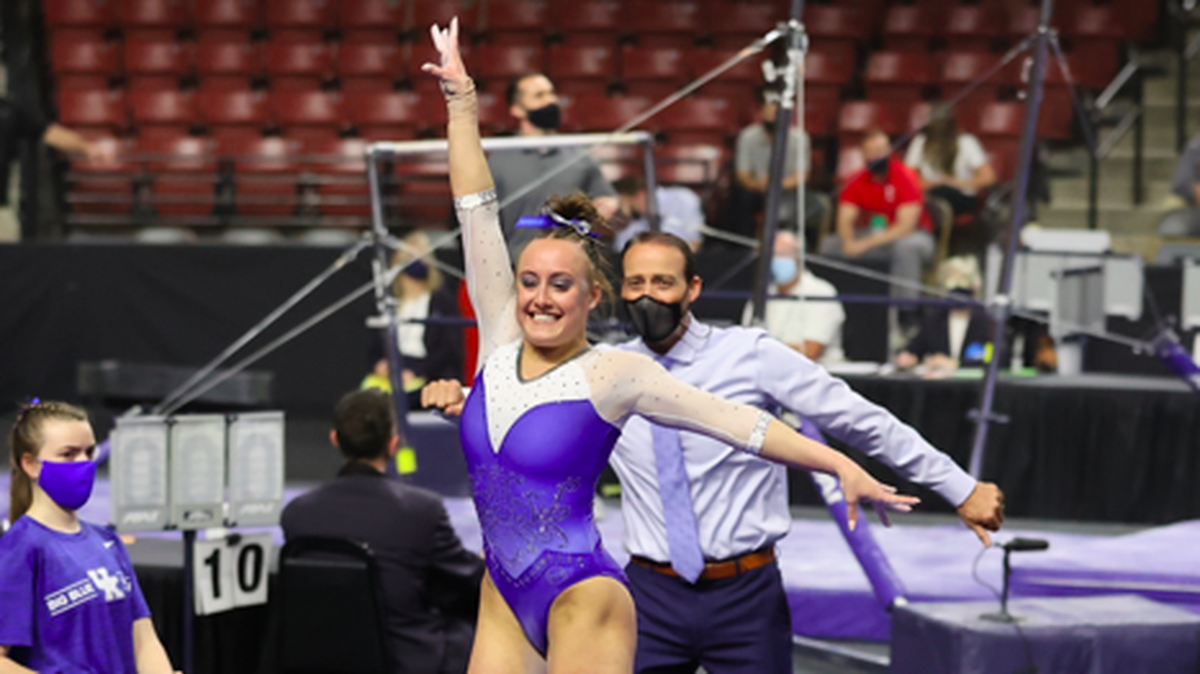 Kentucky’s Raena Worley won the all-around title at the NCAA Salt Lake City Regional in 2021. Worley, an All-SEC selection last season, leads an experienced group of UK gymnasts from last season into Friday’s season-opening meet in Rupp Arena.