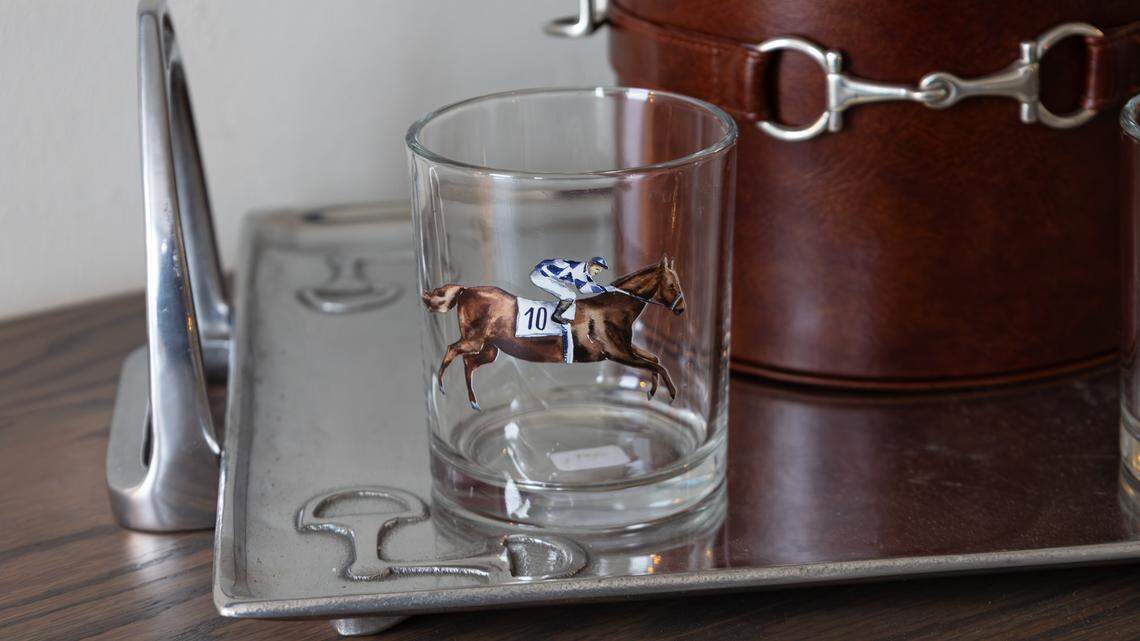 Whiskey neat glasses complement a lavish suite at Hotel Thoroughbred, a 19-room boutique hotel undergoing restoration in downtown Paris, Ky, on Dec. 4, 2025.