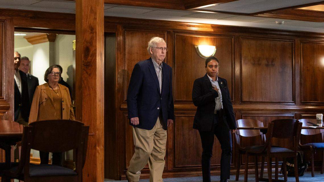 Sen. Mitch McConnell speaks about the upcoming Farm Bill alongside Sen. John Boozman, Kentucky Commissioner of Agriculture Ryan Quarles and UK College of Agriculture Dean Nancy Cox in Lexington, Ky, June 27, 2023.