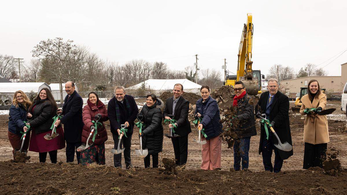 Kentucky Lt. Gov. Jacqueline Coleman, Lexington Mayor Linda Gorton, senior advisor to the governor Rocky Adkins, Lexington Vice Mayor Dan Wu and Councilmembers Liz Sheehan, Brittany Roethemeier, Bob Quick, Laura Meadows, Will Hanrahan and Paul Metzler break ground on The Railyard, a mixed-income, mixed-use development that will house 32 rental homes and neighborhood retail on Delaware Avenue in Lexington, Ky., Dec. 3, 2025.
