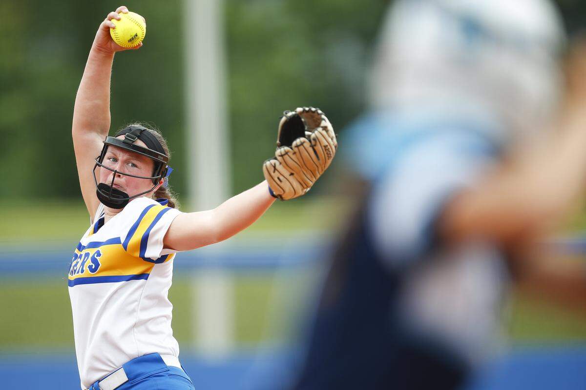 Warren East’s Katie Gardner (5) pitches during the KHSAA State Softball Tournament semifinals against Central Hardin at John Cropp Stadium in Lexington, Ky., Saturday, June 15, 2019. Warren East beat Central Hardin 4-1.