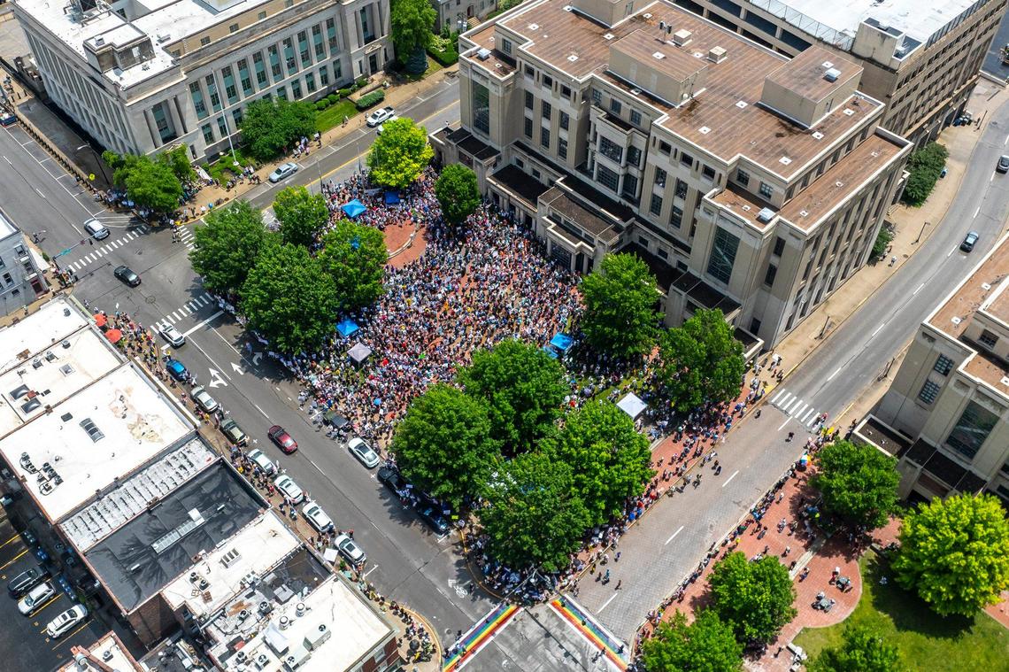 Protesters gather in downtown Lexington, Ky., during the “No Kings” protest on Saturday, June 14, 2025.