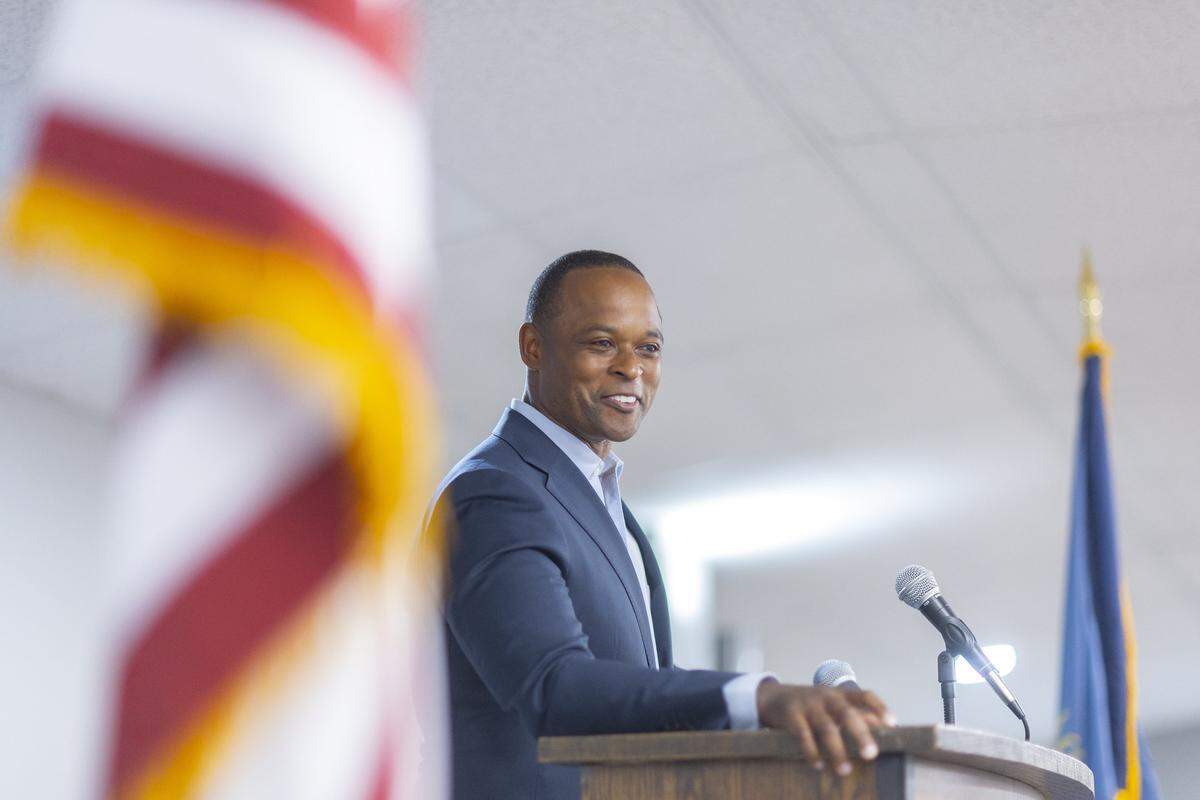 Daniel Cameron, former Kentucky attorney general and 2026 U.S. Senate candidate, speaks during the 2025 Night Before Fancy Farm event hosted by the Marshall County Republican Party at the Calvert City Civic Center in Calvert City, Ky., on Friday, Aug. 1, 2025.