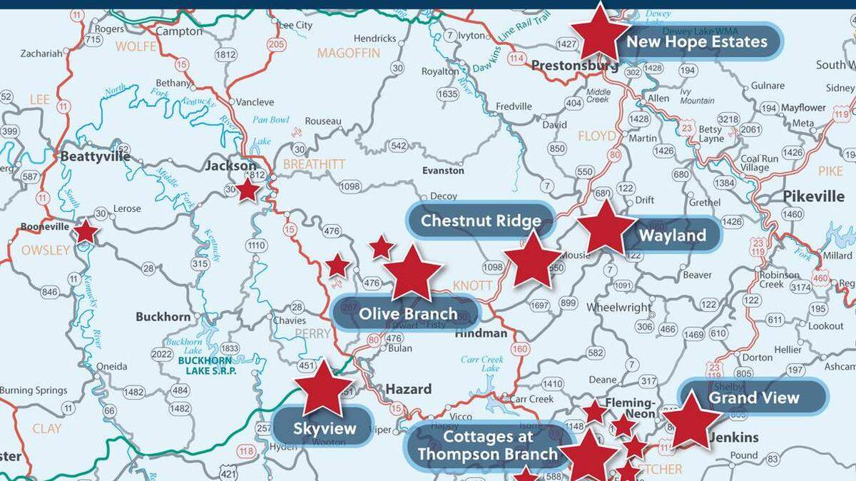 This map shows planned housing in parts of Eastern Kentucky devastated by floods.