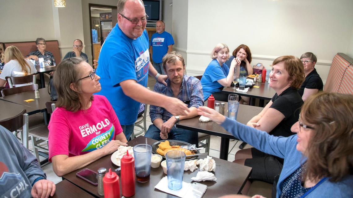 Elwood Caudill talked to well-wishers Tuesday evening at a Democratic gathering in Morehead to thank them for their support after winning the Democratic primary election for Rowan County clerk. Caudill will face Kim Davis in the November general election.