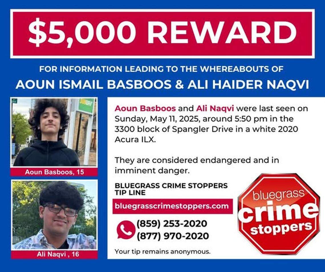 A reward is being offered for information on the whereabouts of Aoun Ismail Basboos, 15,&nbsp;and&nbsp;Ali Haider Naqvi, 16.