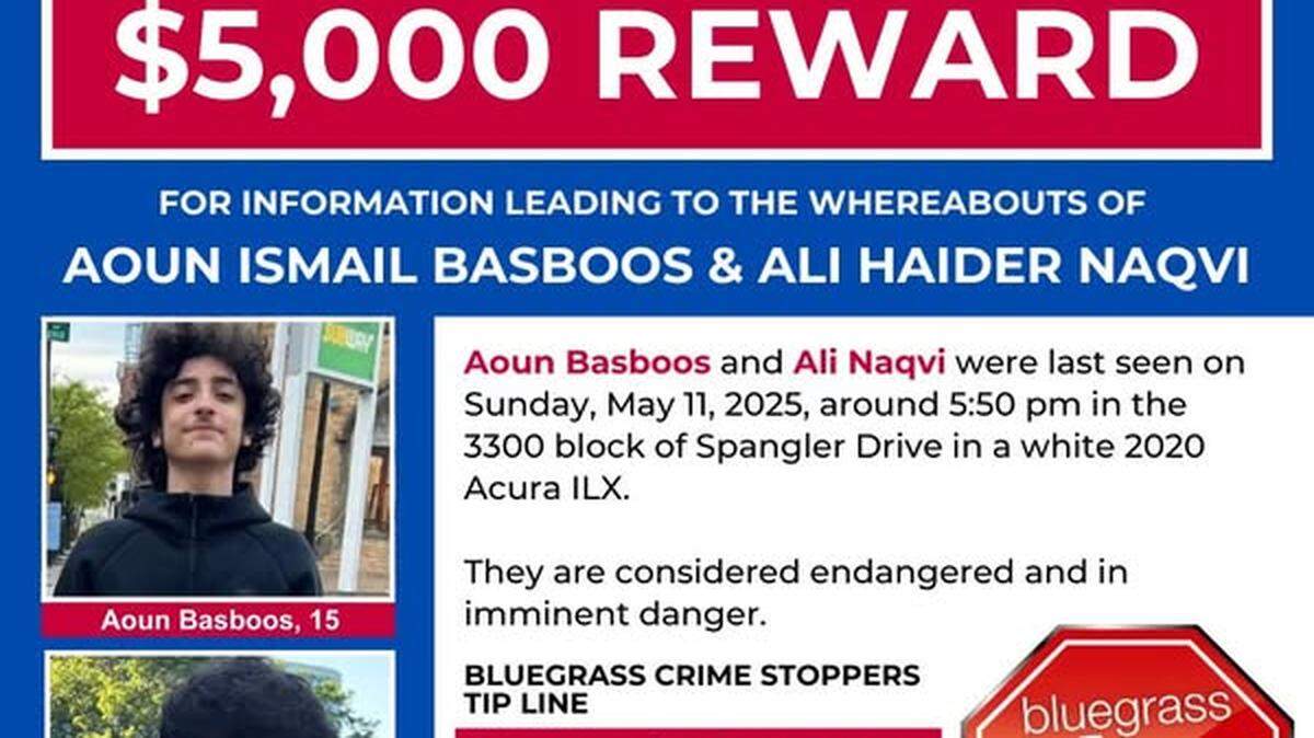 A reward is being offered for information on the whereabouts of Aoun Ismail Basboos, 15, and Ali Haider Naqvi, 16.