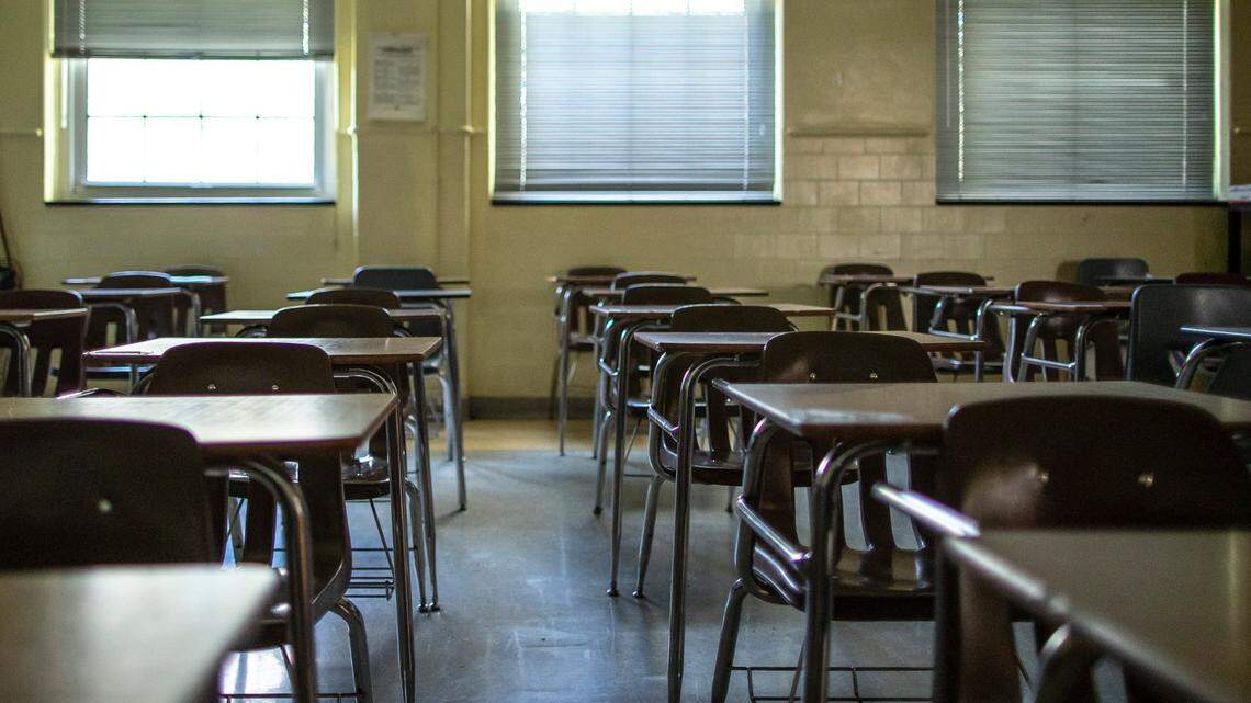 A seventh-grade math classroom sits empty at Morton Middle School in Lexington, Ky., on Monday, April 20, 2020. In-class learning has been suspended until at least May 1 because of the novel coronavirus.