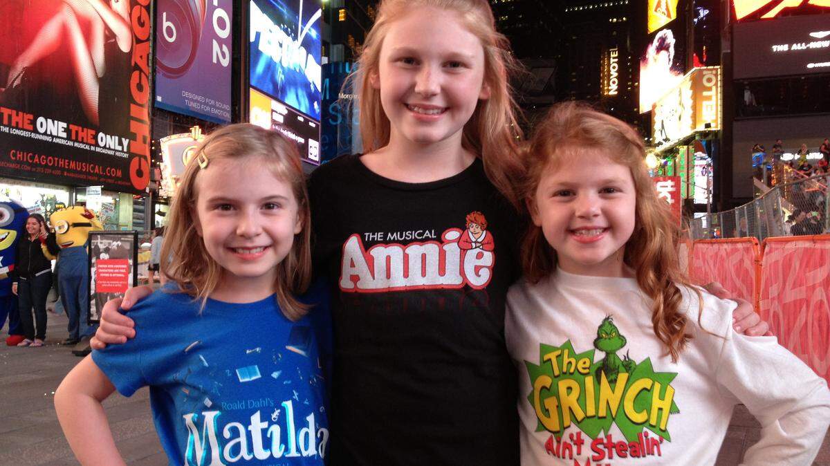 The Shuck sisters: Brooklyn Shuck, who is one of four actresses playing the title role in "Matilda - The Musical" on Broadway; Sydney Shuck, who is playing Kate and covering the title role in the national tour of "Annie" and Raleigh Shuck, who is playing Cindy Lou Who on the national tour of "How the Grinch Stole Christmas." Photo by Peggy Stamps.