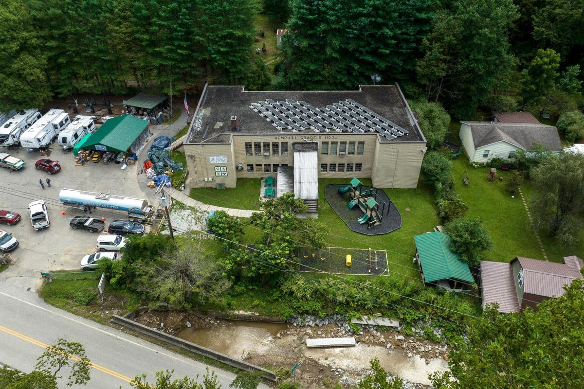 The Hemphill Community Center in Hemphill, Ky., formerly its elementary school, is a central hub for relief supplies and a temporary home for volunteers helping flooding victims.