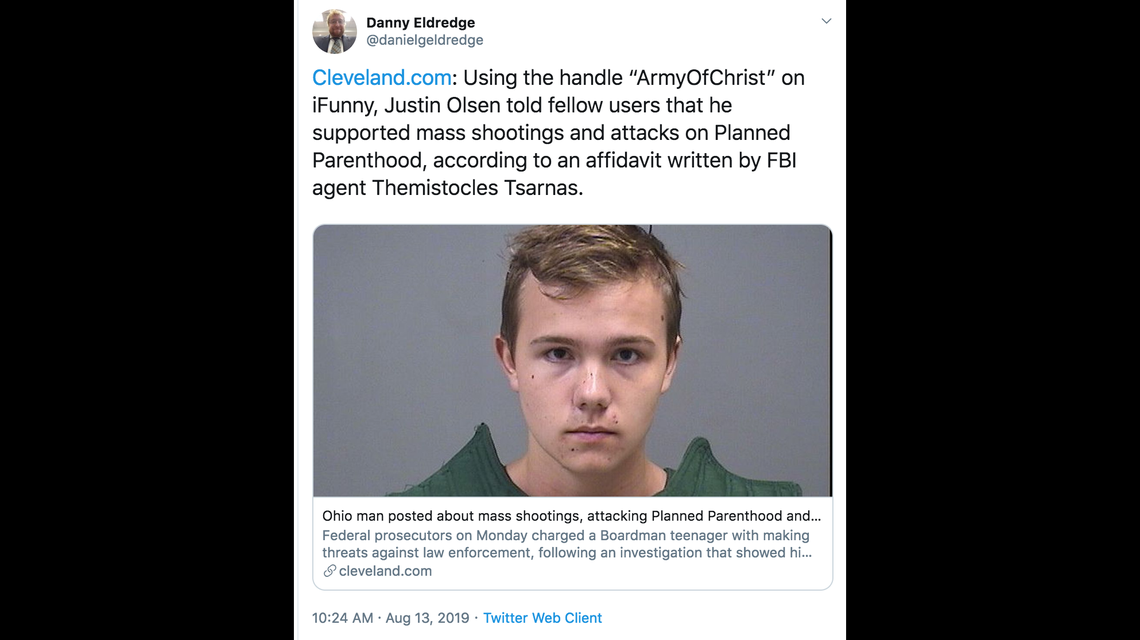 Justin Olsen, 18, has been charged with inducing panic and threatening a federal officer following posts he made online, the FBI says.