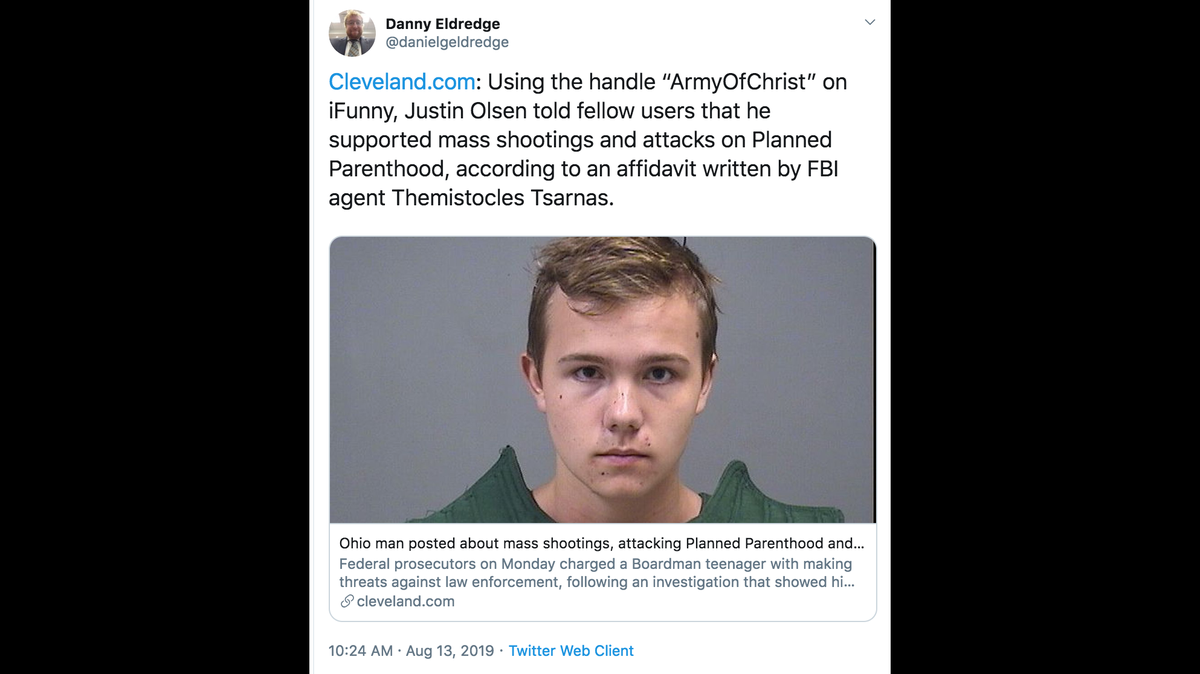 Justin Olsen, 18, has been charged with inducing panic and threatening a federal officer following posts he made online, the FBI says.