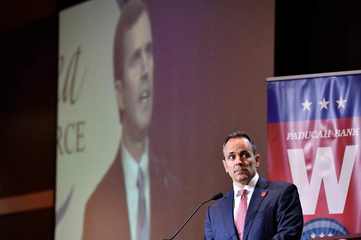 Kentucky Governor and Republican candidate for Governor Matt Bevin looks on as Attorney General and Democratic candidate Andy Beshear responds to a question during a debate in Paducah, Ky., Thursday, Oct. 3, 2019.