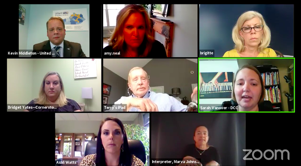 Sarah Vanover of Kentucky Division of Child Care, Ashli Watts of Kentucky Chamber of Commerce, Amy Neal of the Governor’s Officer for Early Childhood, Terry Brooks of Kentucky Youth Advocates and child care provider Bridget Yates spoke during the “A Fragile Ecosystem - The state of childcare in Kentucky following COVID-19 closures” on June 8, 2020.