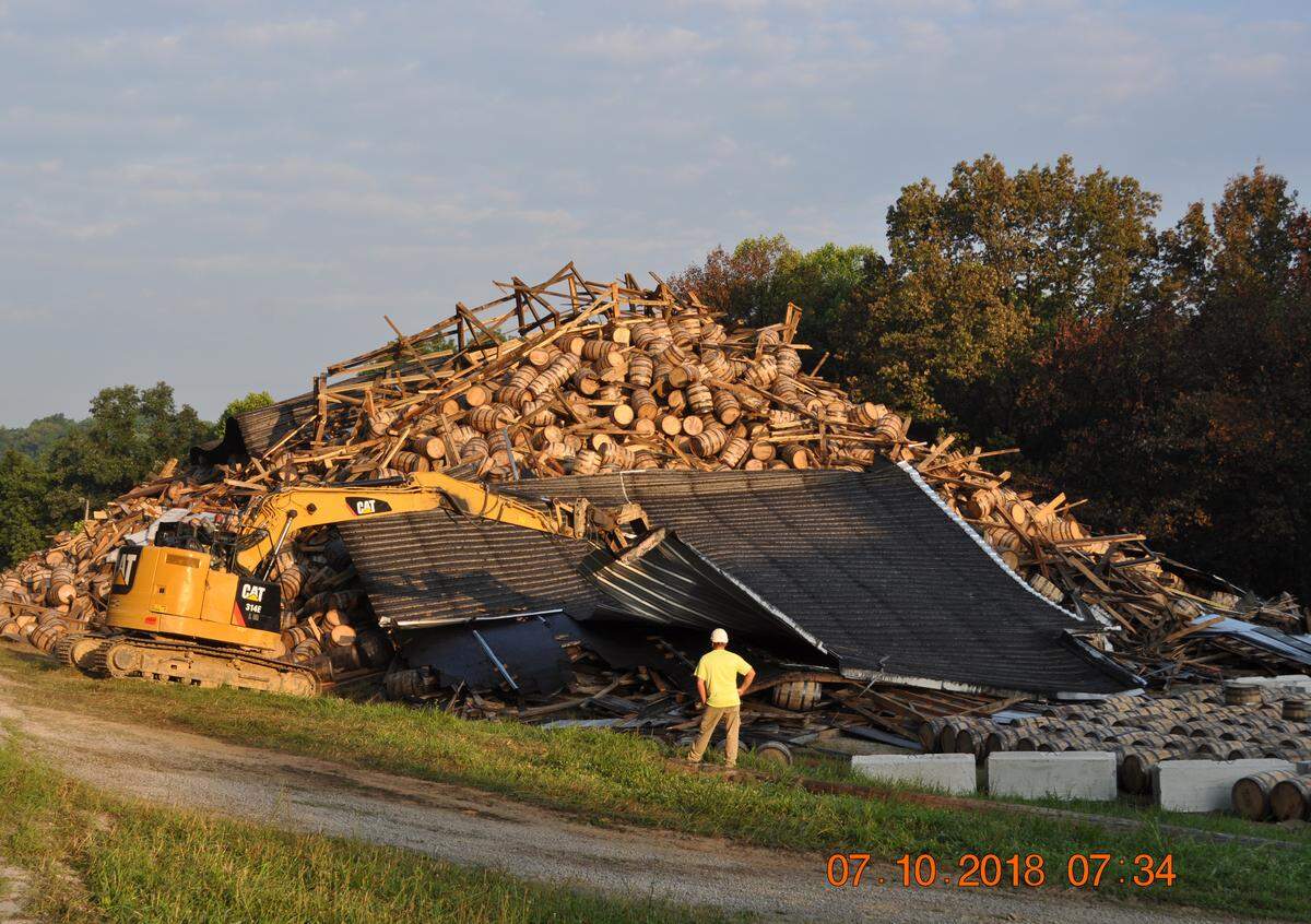 The cleanup at Barton 1792 Distillery in Bardstown, where an 18,000-barrel warehouse collapsed in June and July, began in earnest the week of July 9. It’s expected to take months, as workers retrieve and inspect each barrel one at a time.