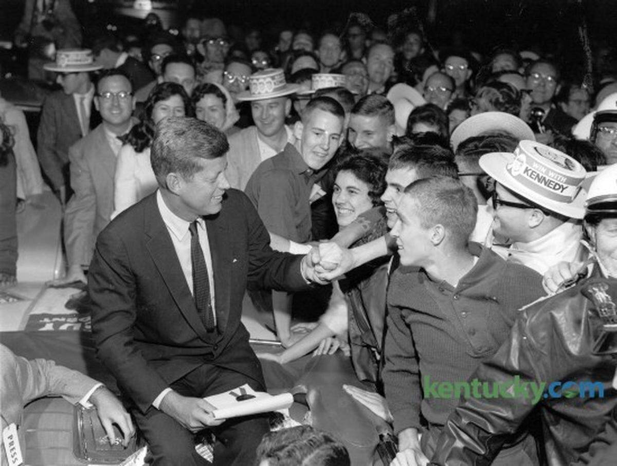 Democratic presidential candidate Sen. John F. Kennedy made a campaign stop in Lexington in 1960. In his hand is a proclamation that made Oct. 8, 1960, “John Kennedy Day.” Kennedy won the presidential election a month later.