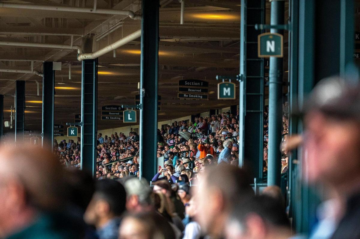 Spectators watch a race on the first day of the Keeneland Fall 2022 Meet in Lexington, Ky., on Friday, Oct. 7, 2022.