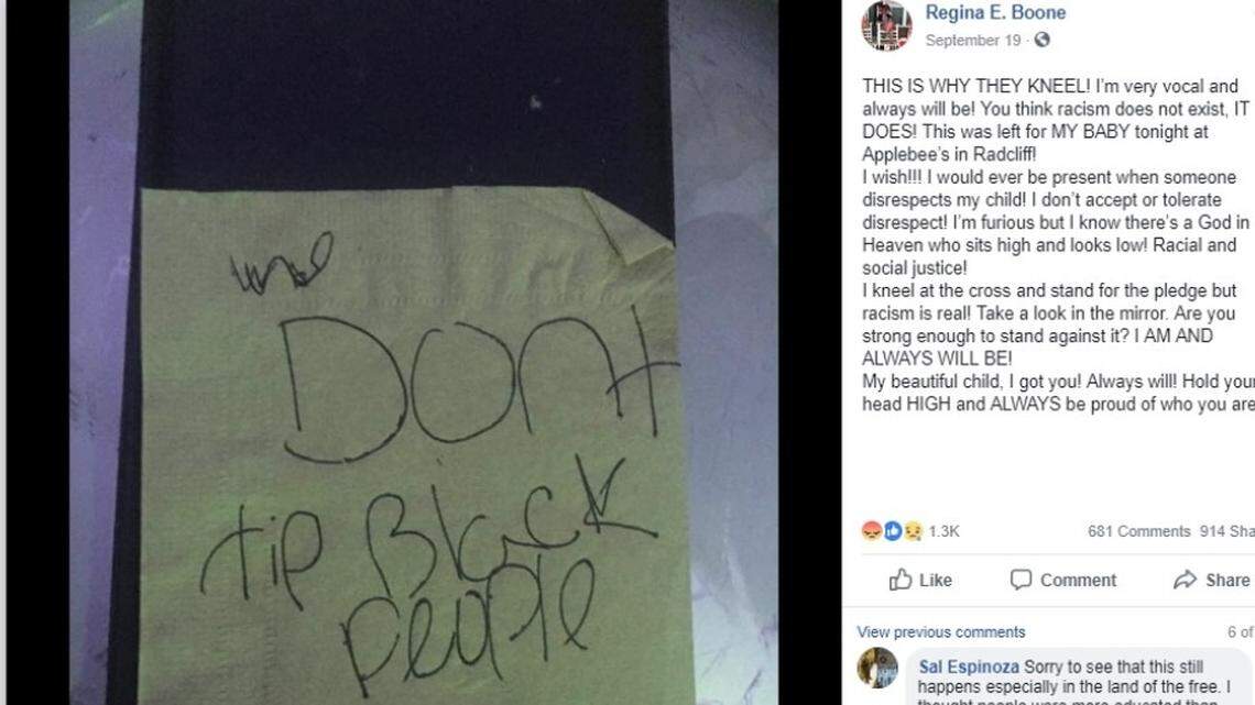 A waitress for Applebee’s in Radcliff received this note instead of a tip last month.