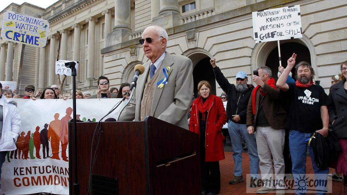 Author Wendell Berry spoke at the  "I Love Mountains Day"  rally held at the state Capitol in Frankfort, Ky., Monday, February 14, 2011. The event, staged by Kentuckians For The Commonwealth, included a march to the Capitol from the Kentucky River, and a rally on the Capitol steps. The group opposes mountaintop removal. Berry was one of the 13 environmental activists who staged a sit-in in the Governor's office over the weekend. They came out to speak at the rally.  Charles Bertram | Staff