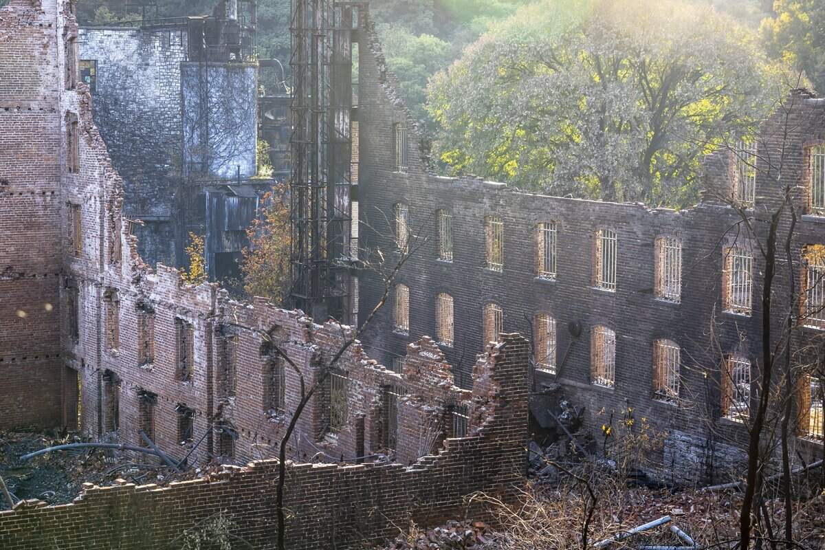 The historic Old Crow Distillery, now home to Glenn's Creek Distilling, along McCracken Pike in Woodford County, Ky., caught fire Wednesday, Sept. 30, 2026.
