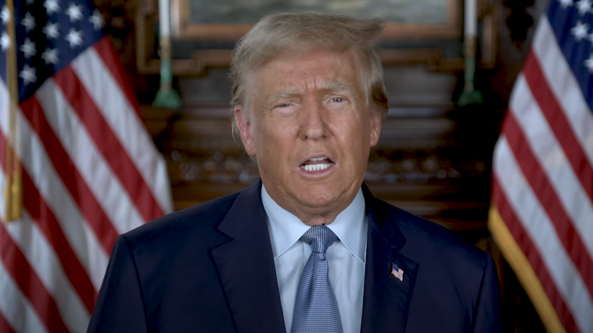 Former GOP president Donald Trump makes a statment supporting Republican gubernatorial nominee Daniel Cameron over Democratic Gov. Andy Beshear.