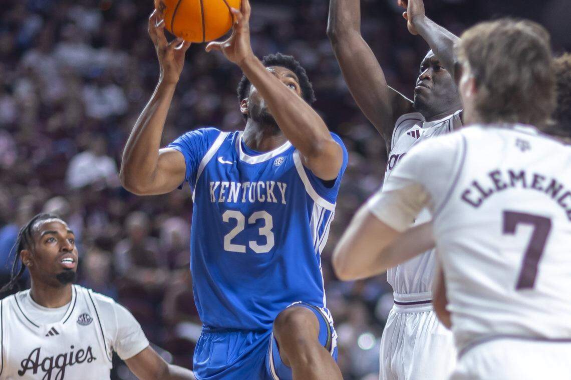 Kentucky forward Mouhamed Dioubate (23) hit 8 of 9 shots and had 19 points and seven rebounds in UK’s 96-85 loss at Texas A&M Tuesday.