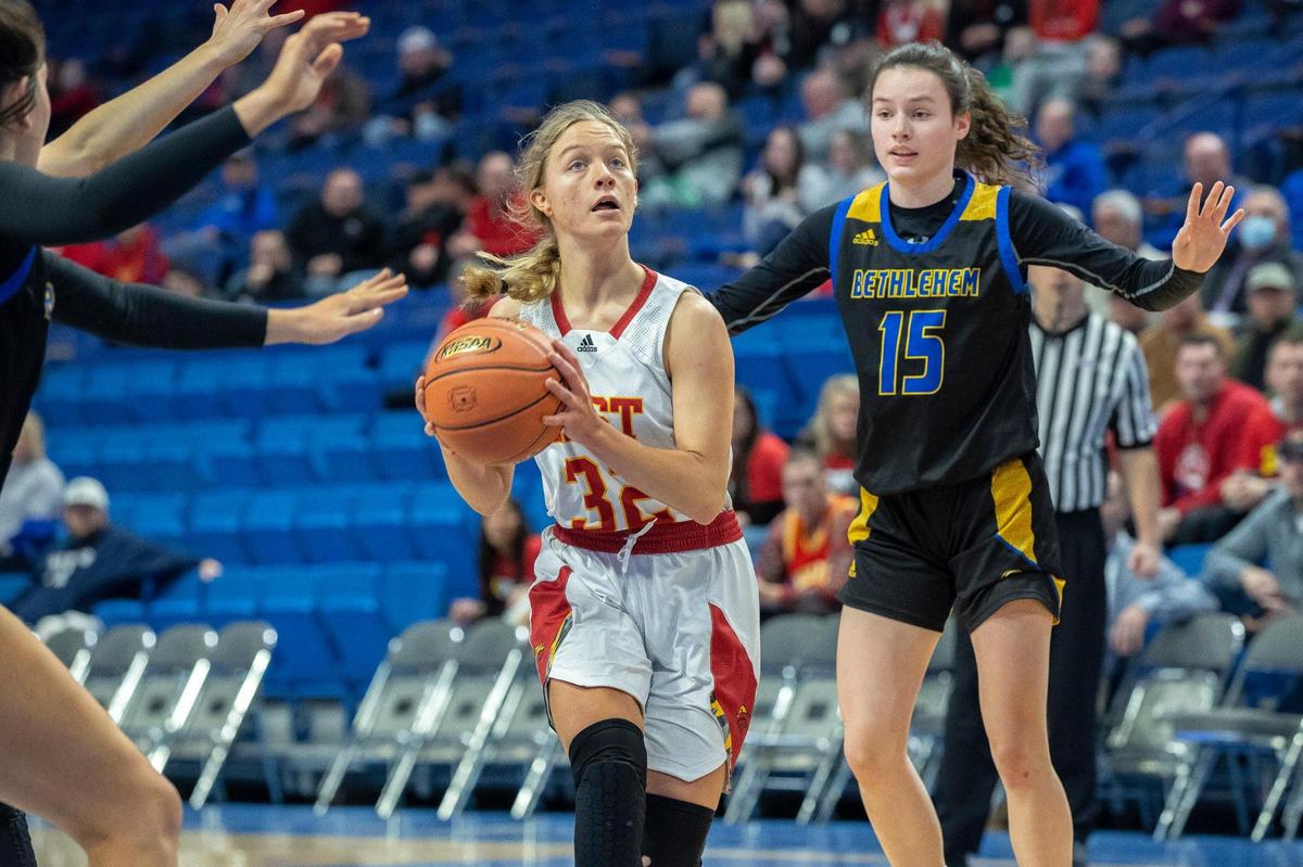 Bullitt East’s Lilly Reid (32) drives to the basket during Wednesday’s game in Rupp Arena. She finished with 21 points and five assists.
