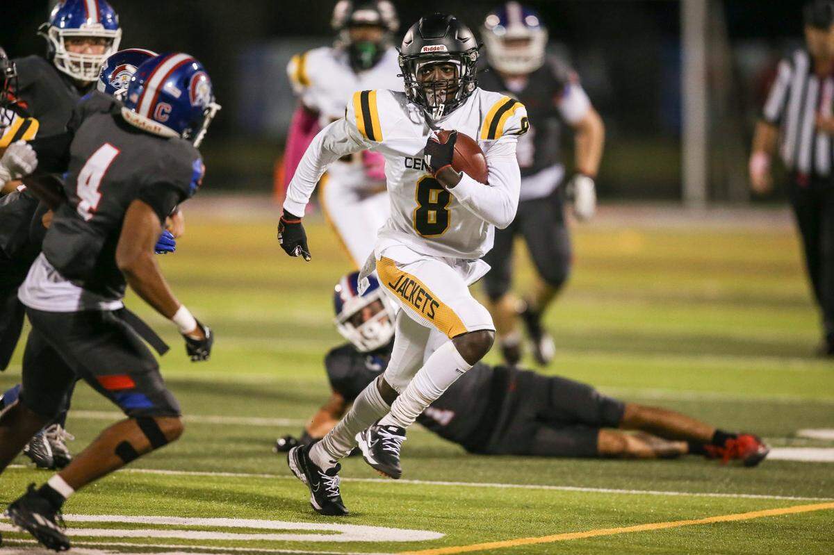 Central's Cortez Stone managed to gain some yards early in the first quarter but CAL's defense stepped up to stop him from being a factor. Oct. 13, 2023.