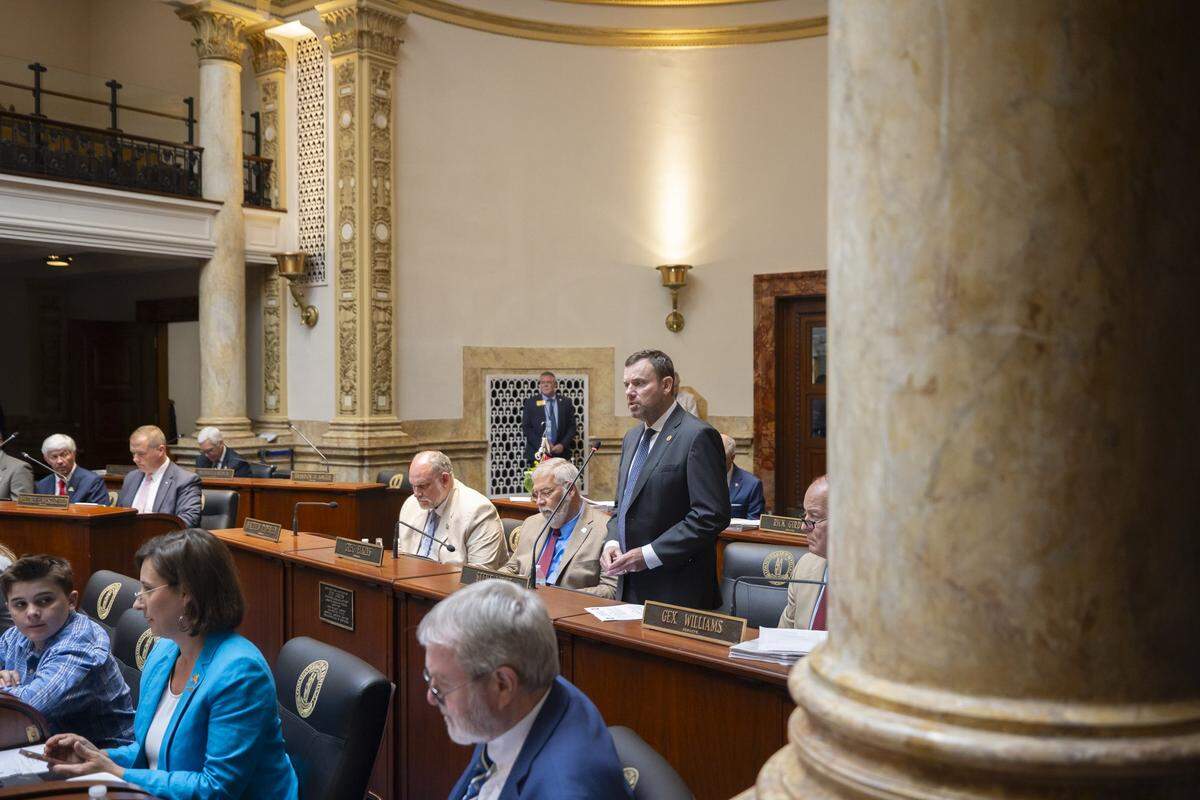 Kentucky state Sen. Stephen West, R-Paris, speaks on the floor of the Senate at the Kentucky state Capitol in Frankfort, Ky., on Monday, April 15, 2024.
