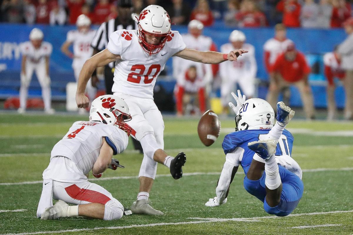 Beechwood’s Jake Conrad (20) kicks the game-winning field goal from 36 yards. “I was in the stands watching last year, and I couldn’t believe it. This year, getting to be a part of it is just incredible,” Conrad said.