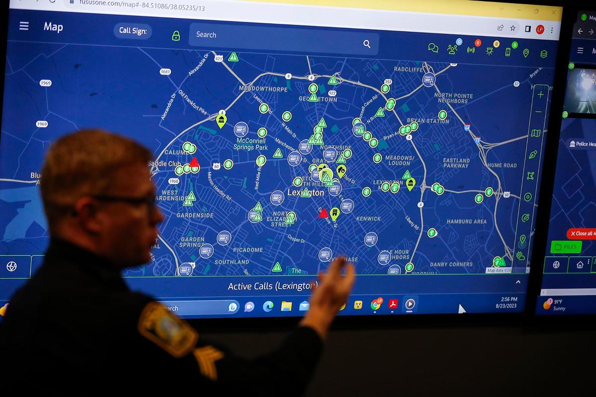 Lexington police officers give a demonstration a new Fusus video camera platform during a press conference at Lexington Police Headquarters in Lexington, Ky, Wednesday, August 23, 2023.