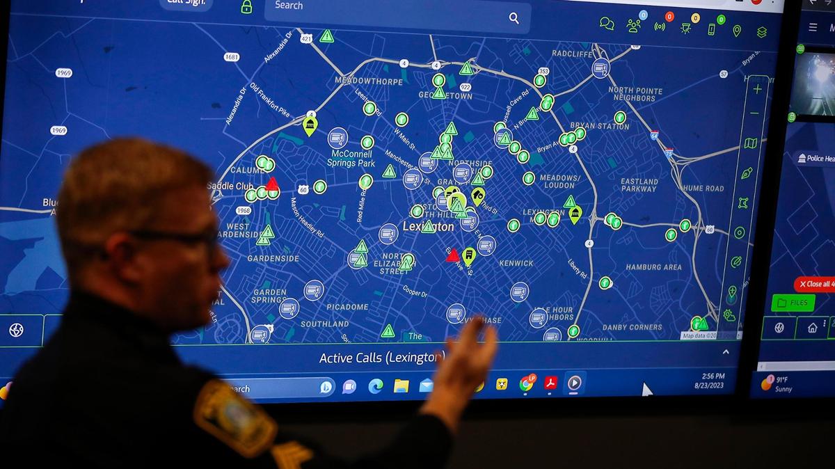 Lexington police officers give a demonstration a new Fusus video camera platform during a press conference at Lexington Police Headquarters in Lexington, Ky, Aug. 23, 2023. The city is looking into getting a fleet of new drones.