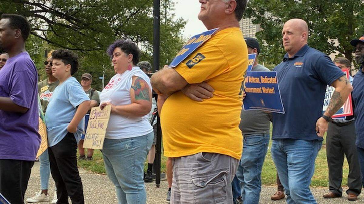 Several members of the American Federation of Government Employees and members of other federal employee unions attended a rally in Louisville, KY, on Sept. 5, 2025.