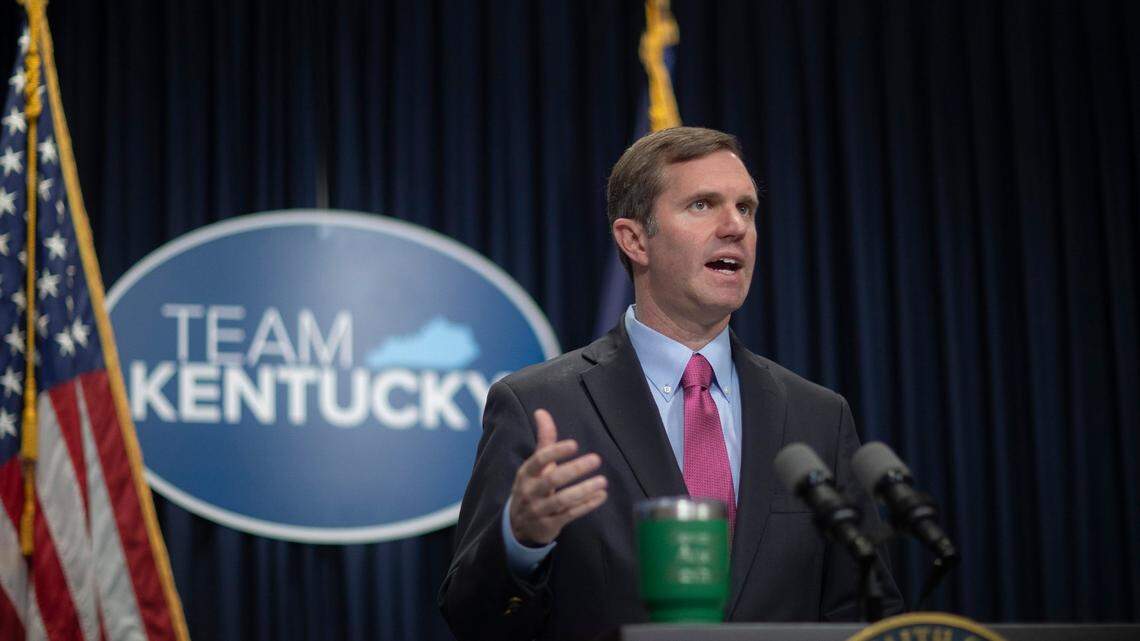 Kentucky Gov. Andy Beshear speaks during a press conference at the Kentucky state Capitol in Frankfort, Ky., on Thursday, Jan. 19, 2023.