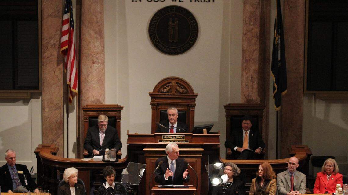 Gov. Steve Beshear, bottom center, shown delivering his State of the Commonwealth address last year, has said he's reluctant to change the tax code at this time.  