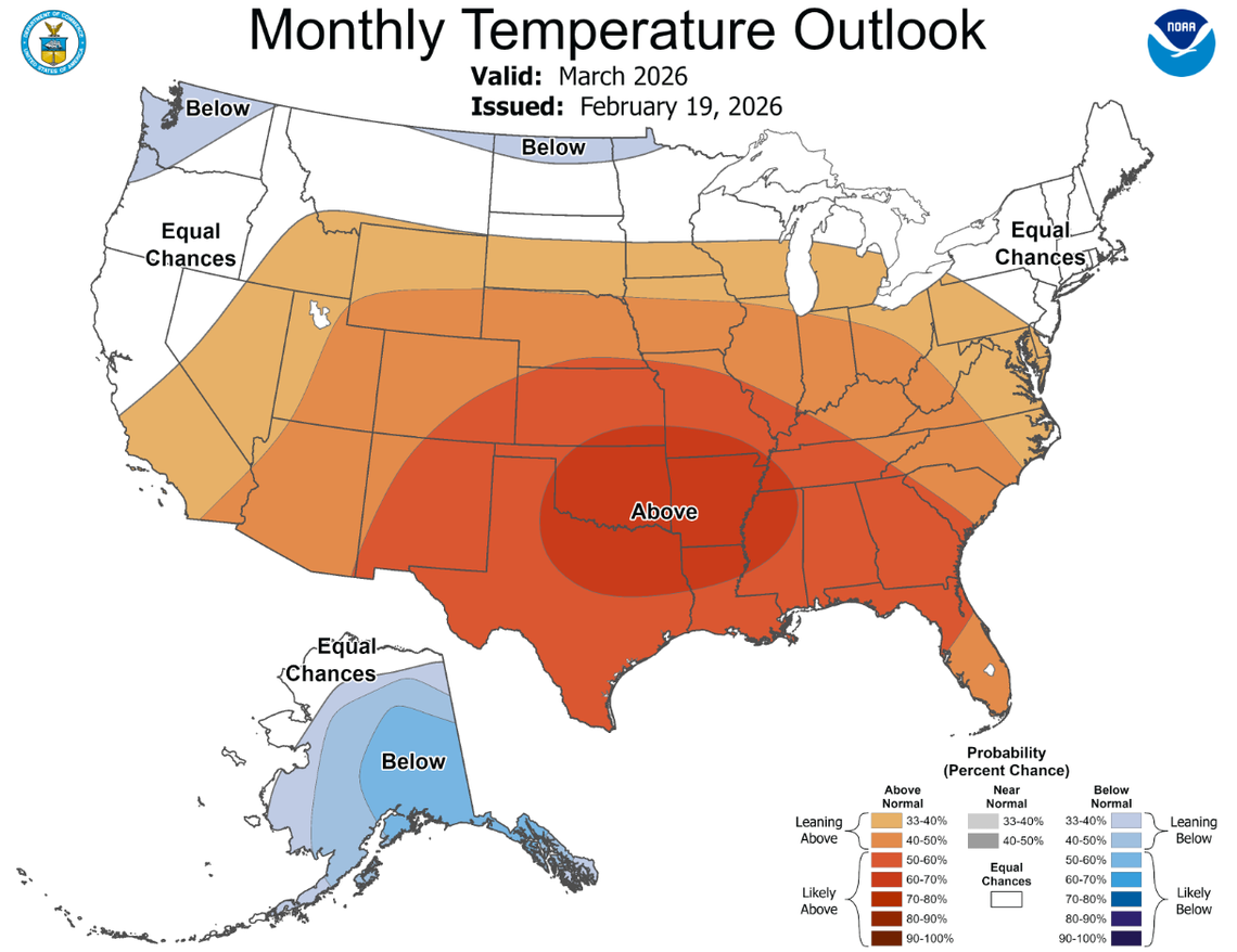 A March outlook from the Climate Prediction Center, issued Feb. 19, 2026, shows large swathes of Kentucky are leaning toward above normal temperatures for the month. There’s a general 33 to 50% of above normal temperatures across the state.