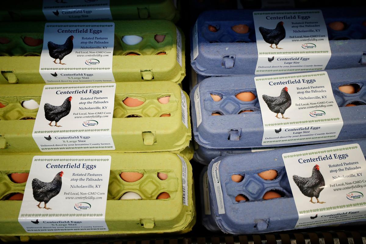 Fresh eggs from Centerfield Eggs located in Nicholasville, Ky., sit for sale at Good Foods Co-op in Lexington, Ky., Wednesday, March 25, 2020. 